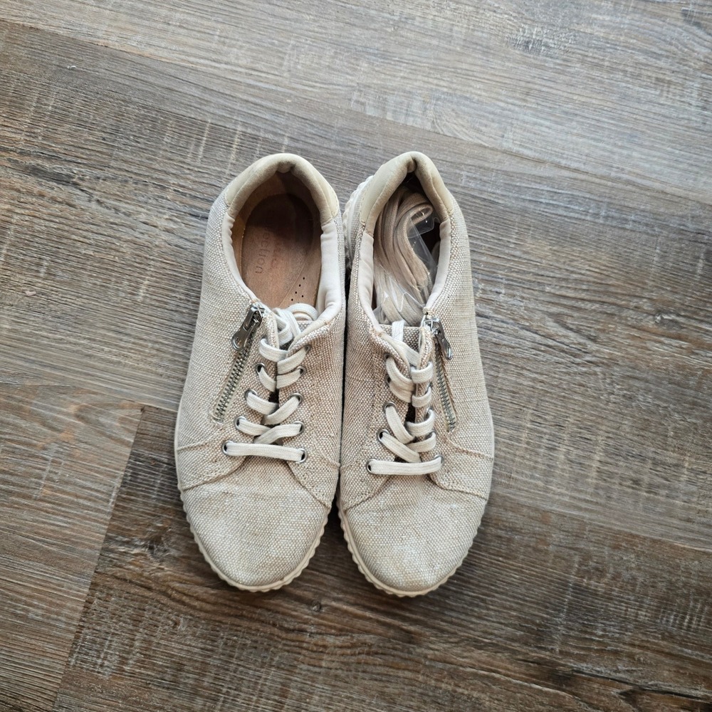 Clarks Collection Womens 6.5 Beige Shimmer Textile Side Zip Sneakers Low Top